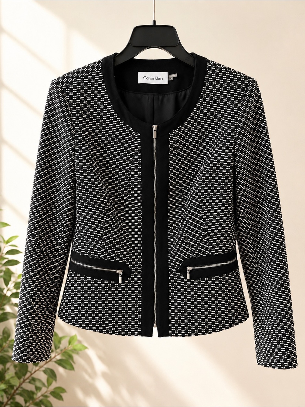 Calvin Klein Black & White Tweed Zip-Front Blazer
